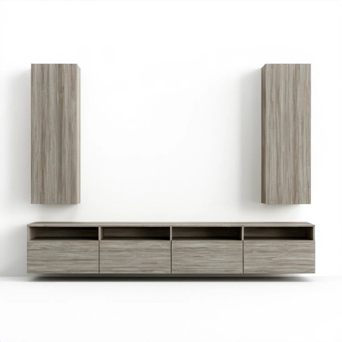 Zestaw wiszący w kolorze szarego dębu: szafka RTV 180 × 35 × 40 cm i 2 szafki 40 × 30 × 100 cm