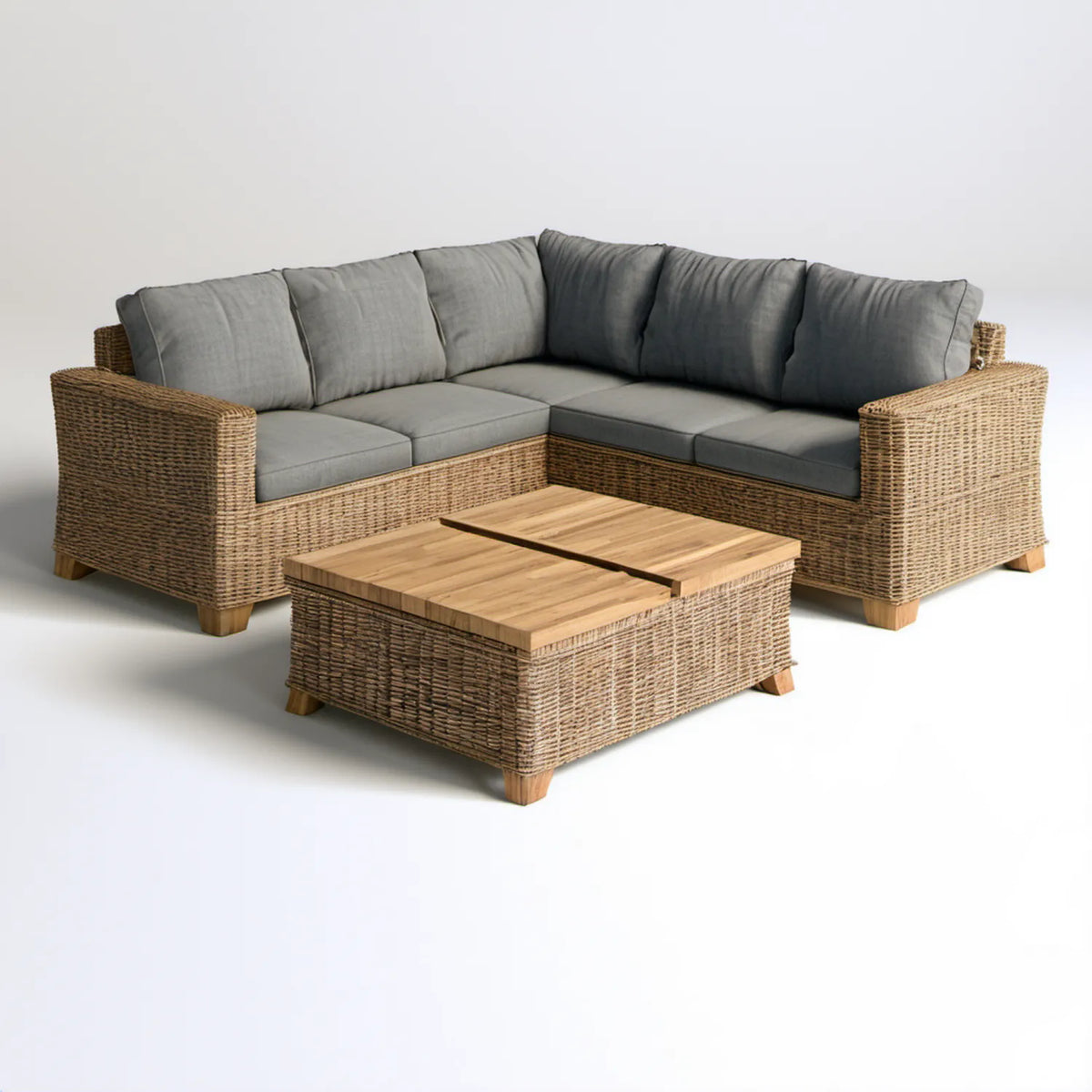 Narożny zestaw mebli ogrodowych z rattanu syntetycznego, naturalny brąz i szary, sofa 230 × 230 × 85 cm, stolik 100 × 60 × 45 cm