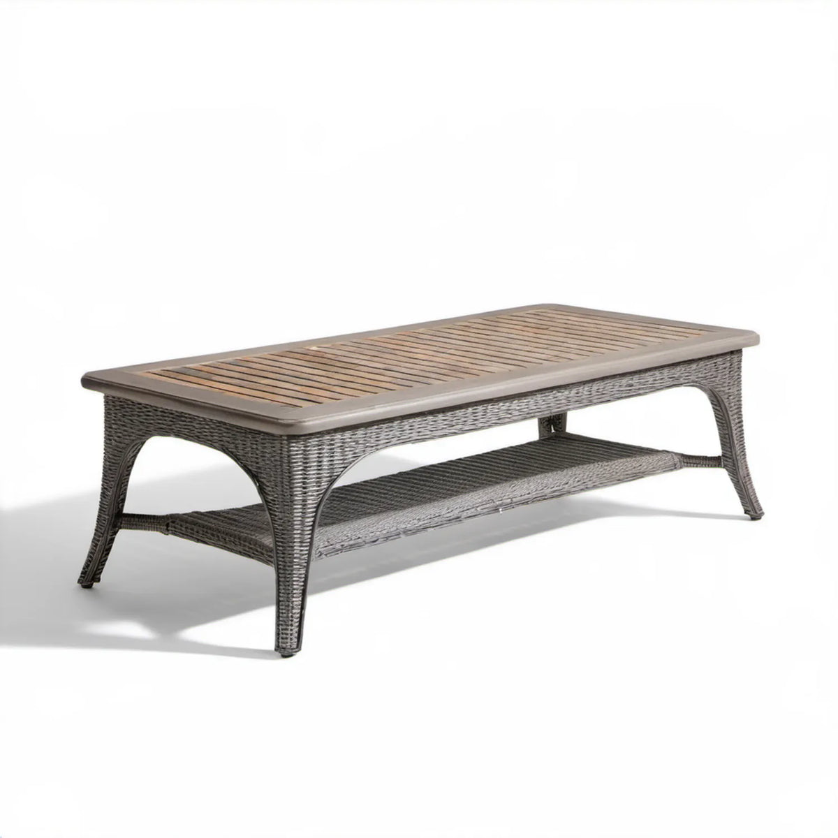 Prostokątny stolik kawowy ogrodowy 120 x 60 x 45 cm z technorattanu i drewna akacjowego, szaro-brązowy