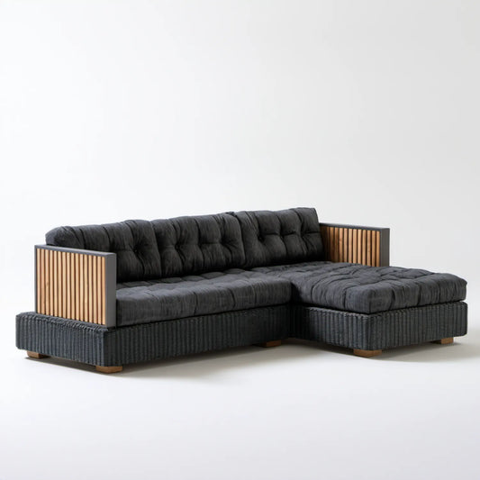 Prawostronna narożna sofa ogrodowa z leżanką 230 x 160 x 75 cm czarno-brązowa z technorattanu i drewna akacjowego