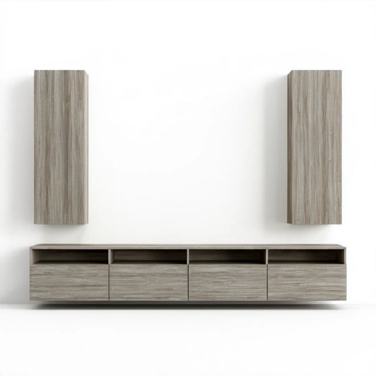 Zestaw wiszący w kolorze szarego dębu: szafka RTV 180 × 35 × 40 cm i 2 szafki 40 × 30 × 100 cm