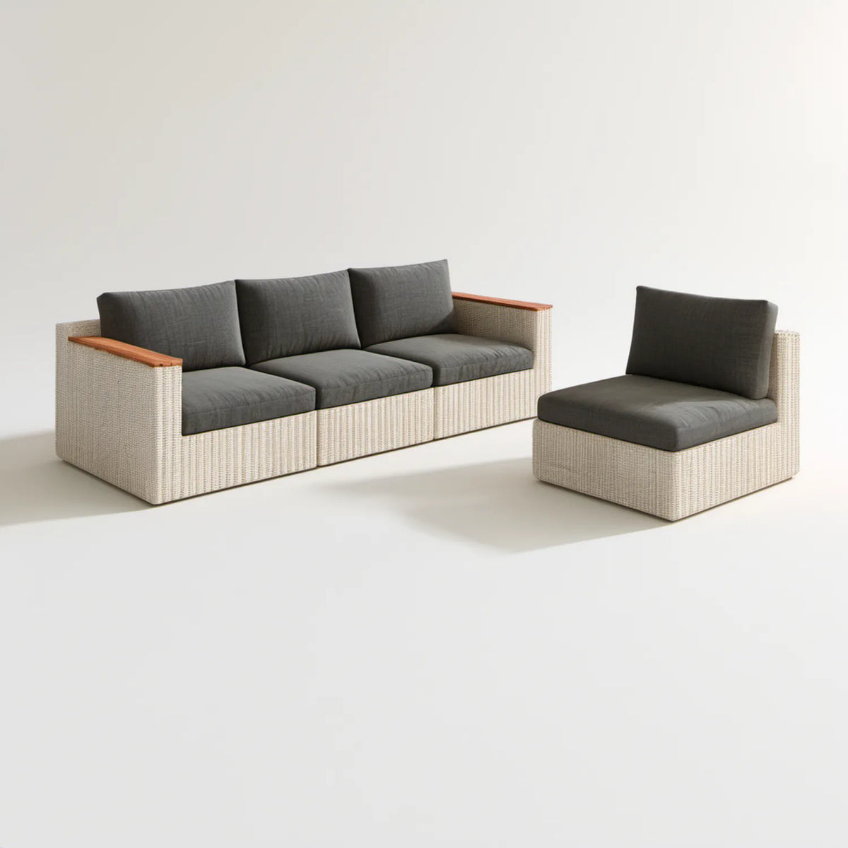 Zestaw wypoczynkowy z technorattanu: sofa 3-osobowa i fotel, beżowo-grafitowo-brązowy, sofa 225 × 78 × 72 cm