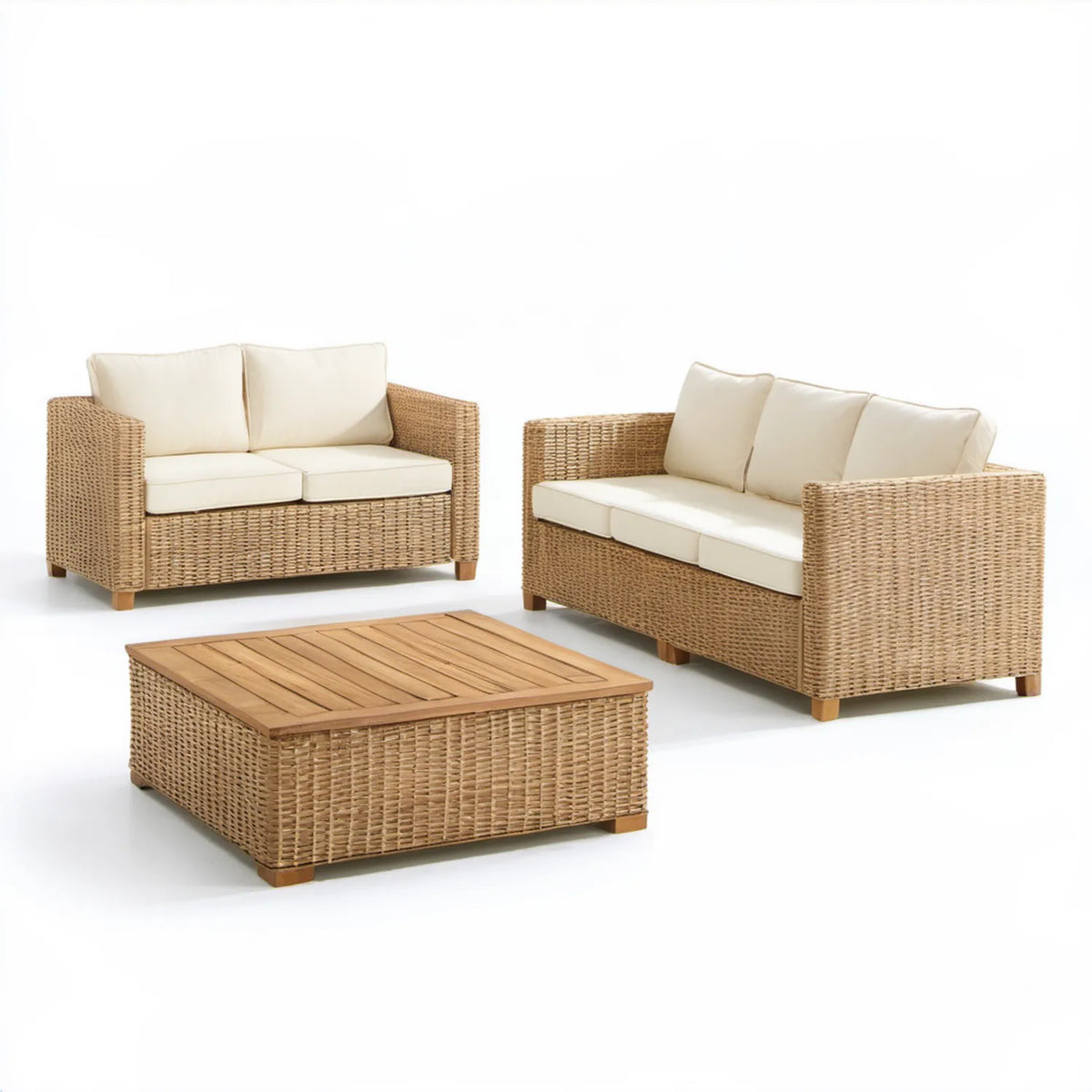 Zestaw wypoczynkowy 2+3 z technorattanu PE ze stolikiem, naturalny beż/kremowy/jasny brąz, sofa 3-os. 200 × 85 × 85 cm