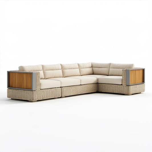 Narożna sofa ogrodowa 4-osobowa w kształcie L z technorattanu i aluminium, beżowo-szaro-brązowa, 300 x 220 x 82 cm