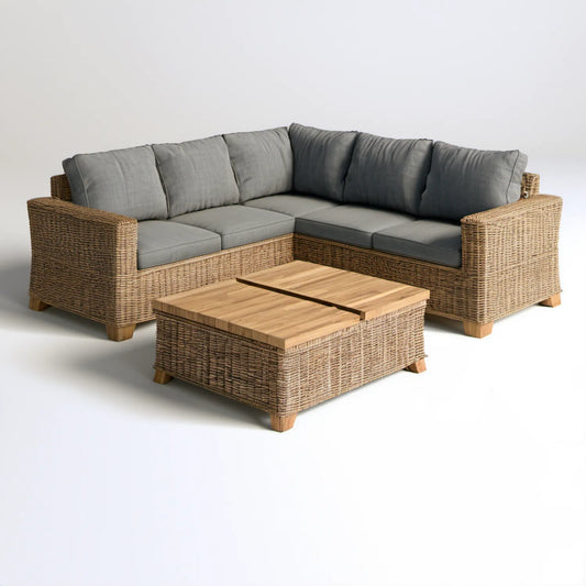 Narożny zestaw mebli ogrodowych z rattanu syntetycznego, naturalny brąz i szary, sofa 230 × 230 × 85 cm, stolik 100 × 60 × 45 cm